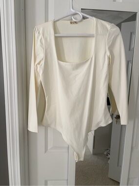 Free People Ivory Long-Sleeve Square Neck Bodysuit
